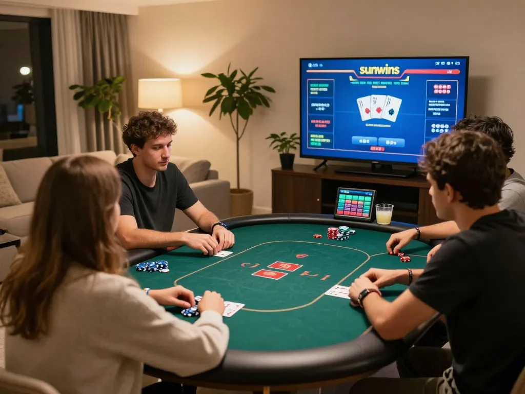 Engage in exciting online poker gameplay with sunwins interface showcased in a cozy home setting