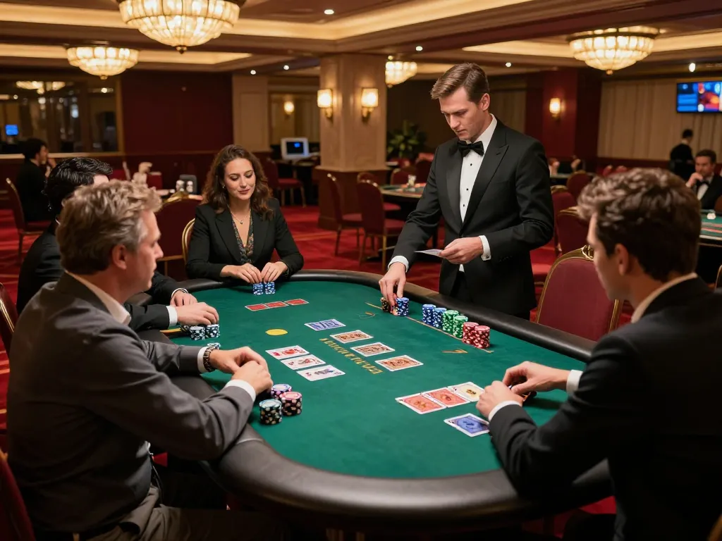 iwin club players strategizing at baccarat table, showcasing luxury casino experience.
