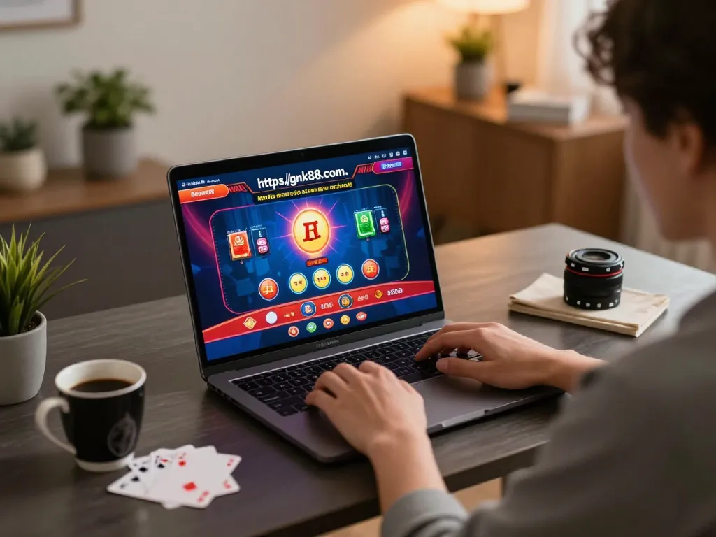 Engaging online gambling scene at https://gnk88.com/, showcasing a player with a laptop and casino games.