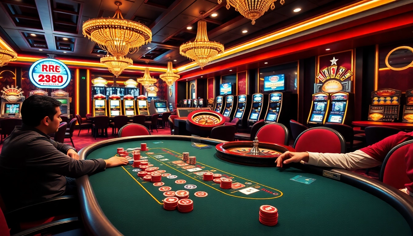 Experience the thrill of RR88 with players at a vibrant casino table, cards and chips in action.