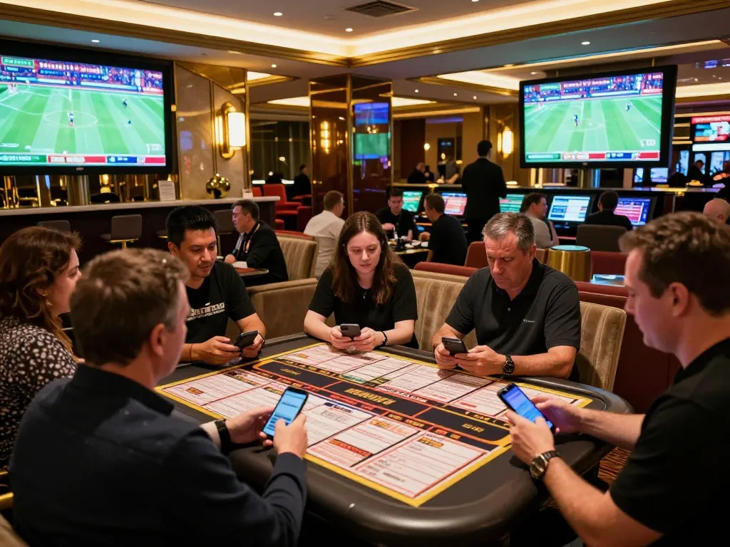 FC88 sports betting scene with patrons eagerly placing live bets in an upscale casino lounge.
