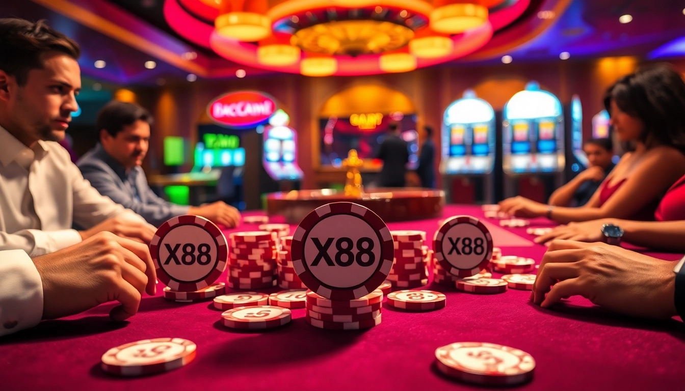 Engaged players enjoying Baccarat at the luxurious XX88 casino table with colorful gaming elements.