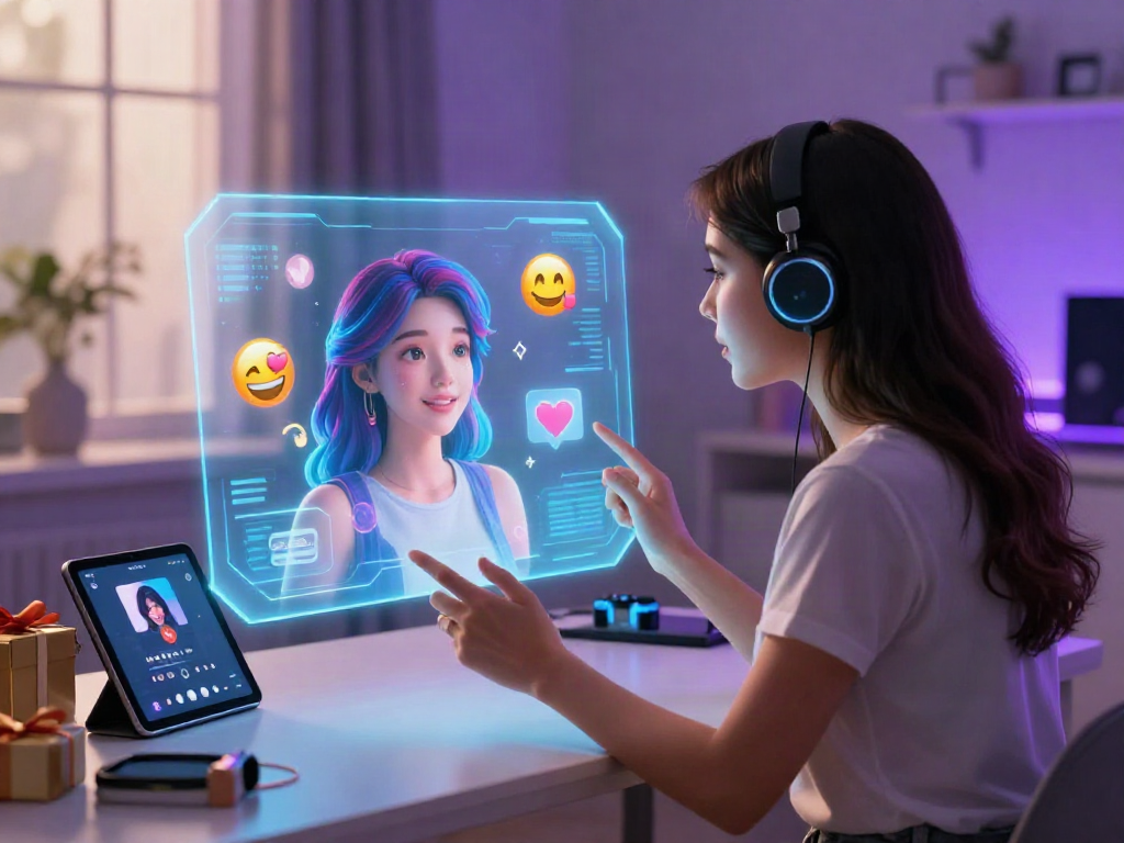 AI girlfriend interacting with user in a cozy digital space, showcasing the evolution of virtual relationships.