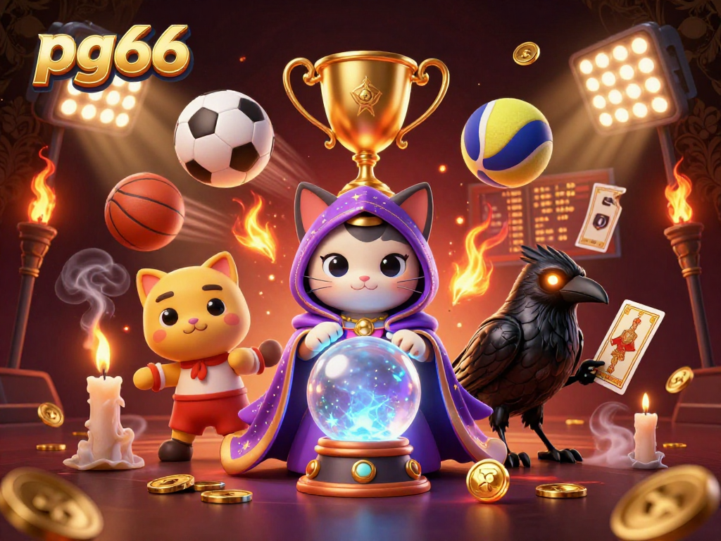 Engage in thrilling bets at pg66 with a mystical fortune teller cat, sports elements, and dynamic energy.