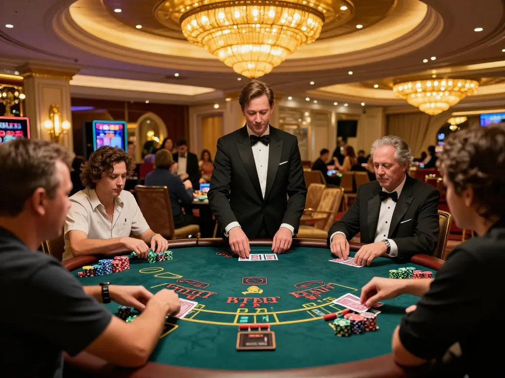 Players strategizing at a blackjack table in a luxurious casino setting, highlighting excitement at https://da88at.com/.