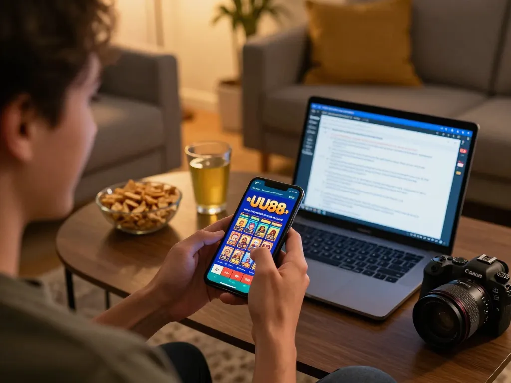 Player enjoying UU88 mobile casino game in a cozy home setting with snacks and strategy notes.