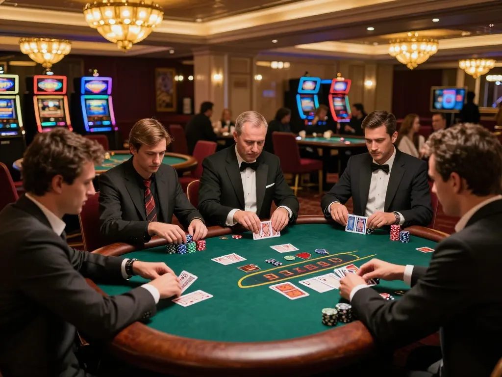 Go8 players strategizing during a blackjack game in an upscale casino with vibrant atmosphere.