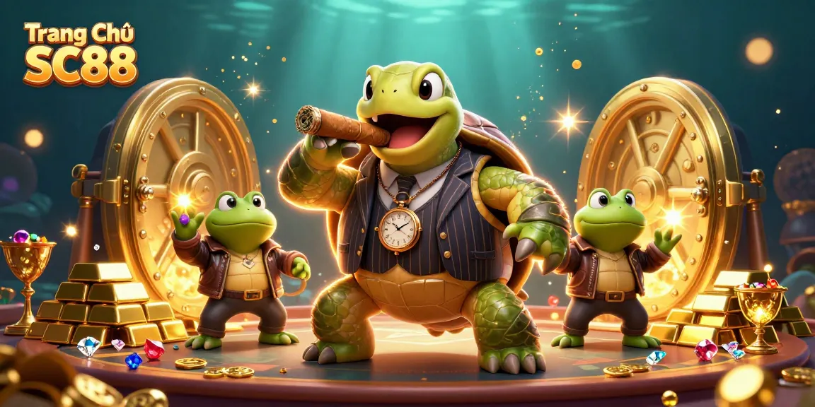 Spin to win at Trang Chủ SC88 with a vibrant casino scene featuring a turtle mobster and treasure
