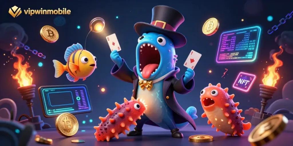 Experience the excitement of vipwinmobile with vibrant deep-sea characters engaging in magic-themed gambling.