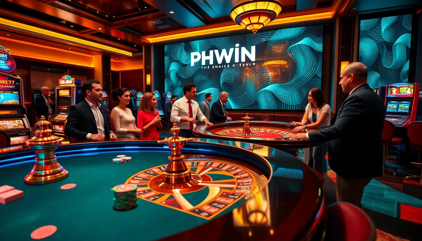 Players engaging in thrilling games at PHWIN online casino with vibrant slot machines and roulette.