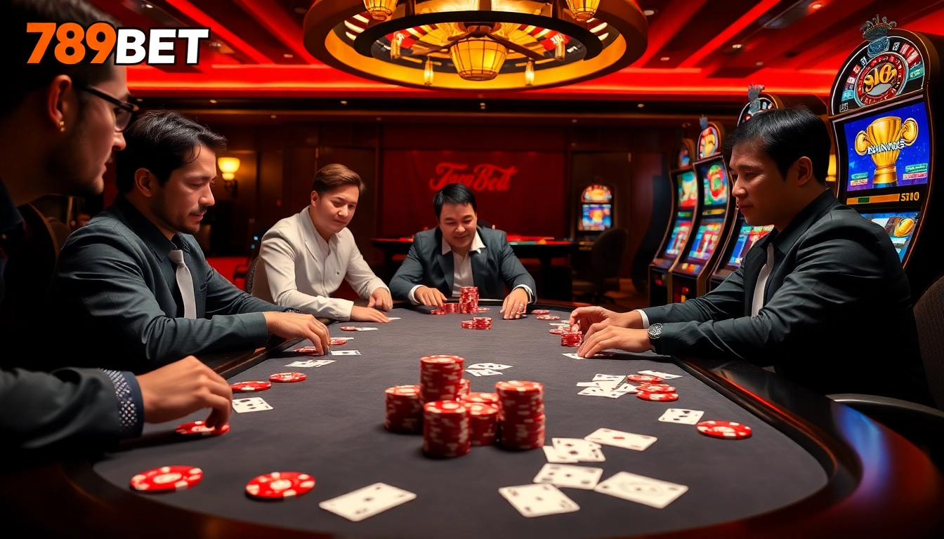 Players enjoying a high-stakes game at 789BET's luxurious poker table while at the casino.