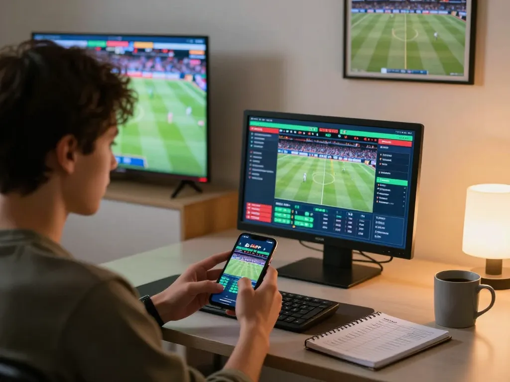 Engaged user placing bets on live sports through fabet on a smartphone in a modern setting.