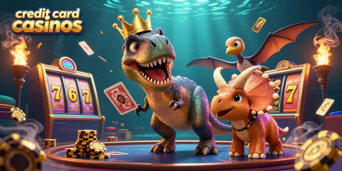 Engaging scene of credit card casinos where a friendly T-Rex plays cards, surrounded by vibrant casino elements.