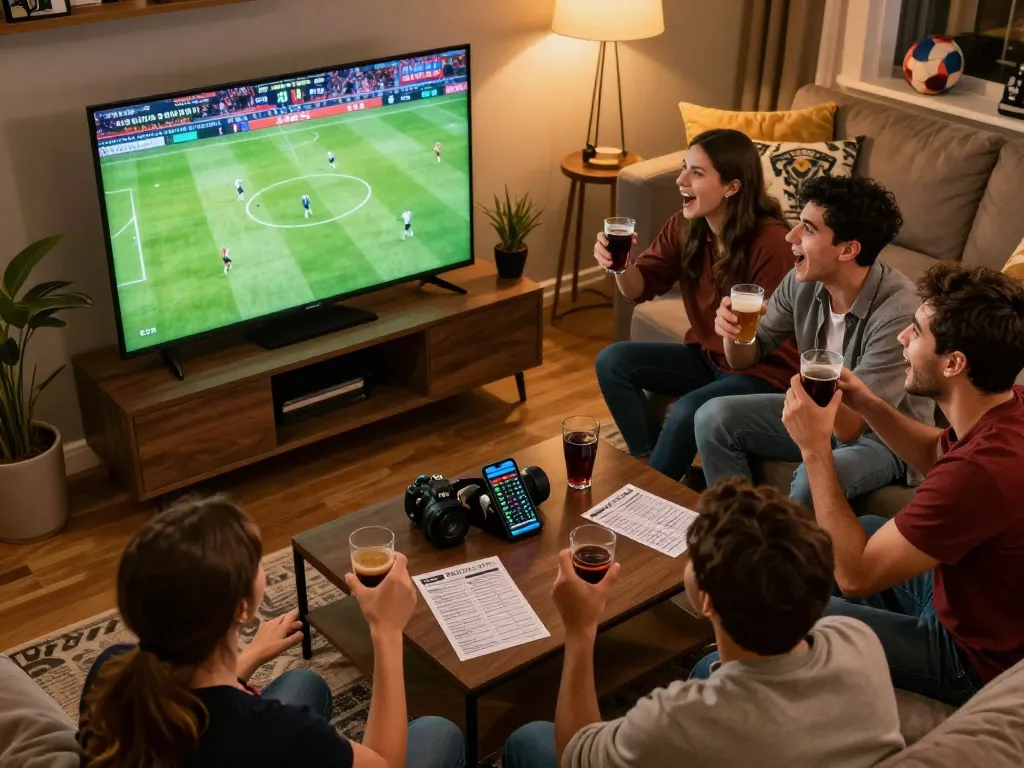 Enthusiastic friends engaging in sports betting with Nhà cái Fabet while cheering before a live match.