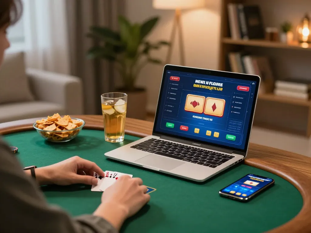 Player engaging in online poker at home using LLWIN app, cozy and strategic gaming environment.