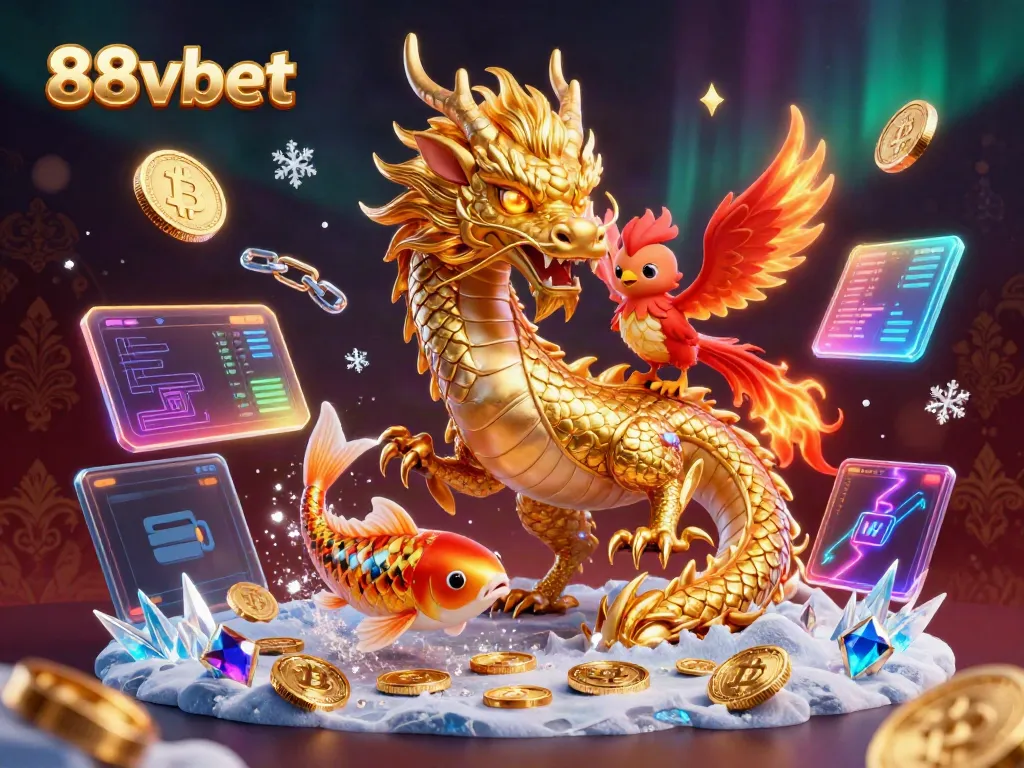 88vbet showcases a fierce dragon and phoenix among glowing coins and cryptocurrencies in a dynamic scene.