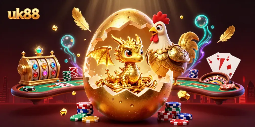 Engage with uk88 at a vibrant casino scene showcasing golden dragons, poker chips, and game elements.