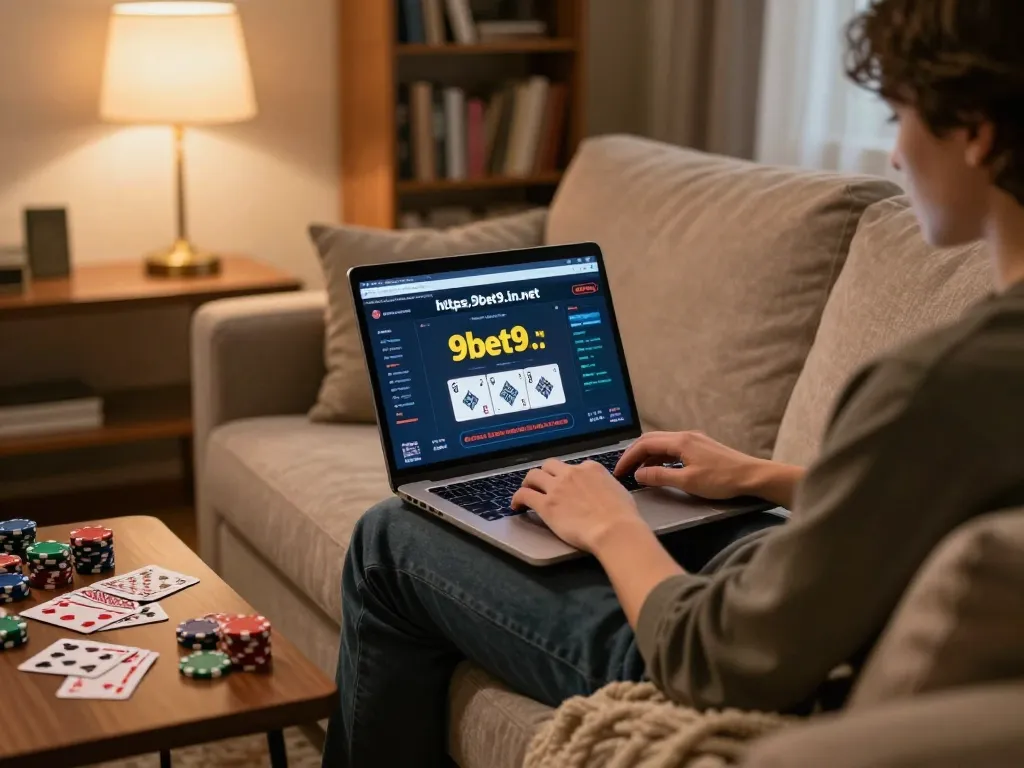 Engaging in online gambling on https://9bet9.in.net with poker chips and cards in a cozy setting