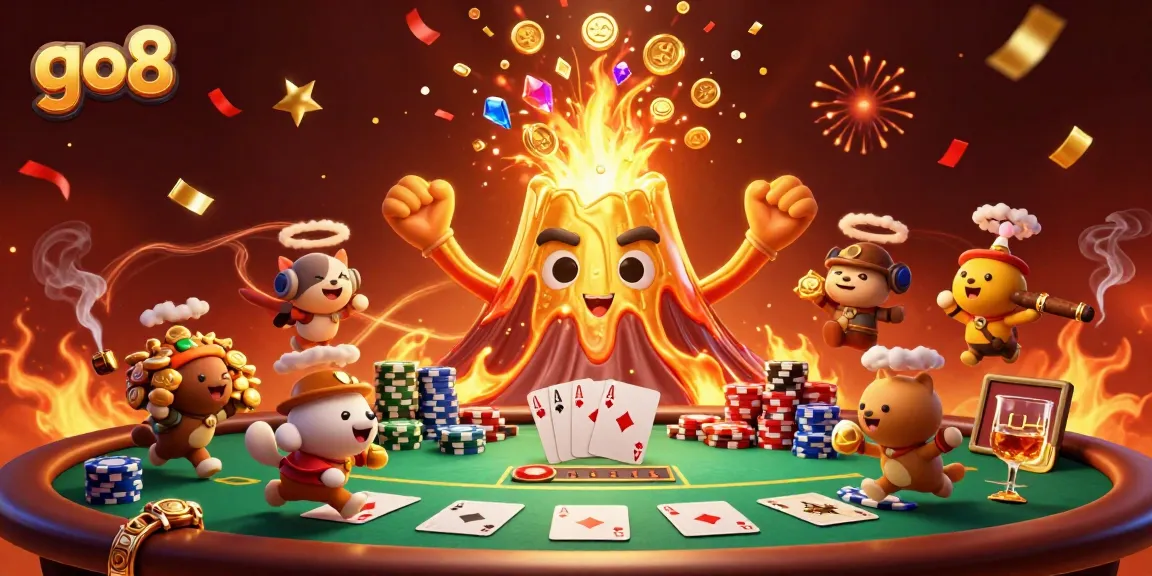 Delight in the vibrant go8 scene featuring a triumphant volcano erupting treasure amidst a spirited poker setting.