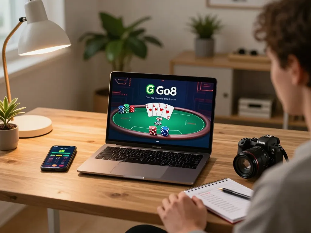Player enjoying poker on a laptop while engaging with the Go8 betting platform in a cozy home office.
