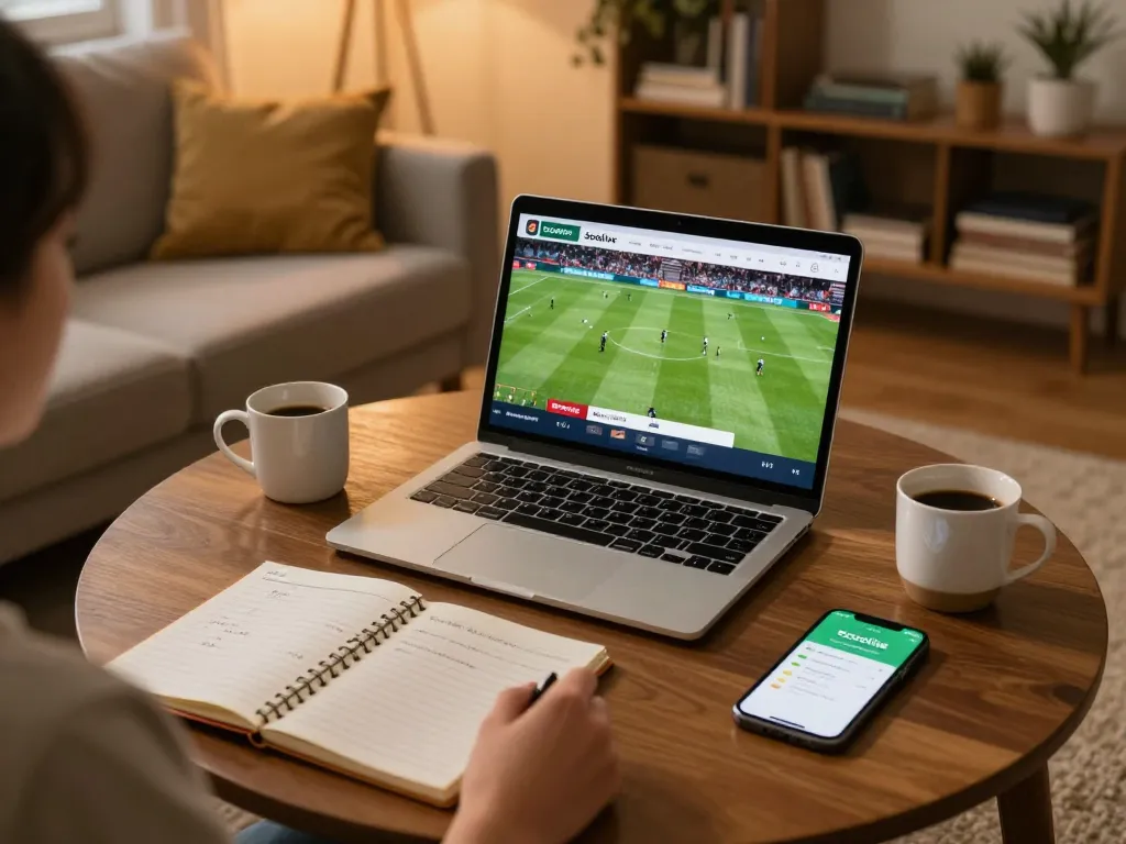 Socolive user immersed in online sports betting, watching live football match on laptop in cozy setting.