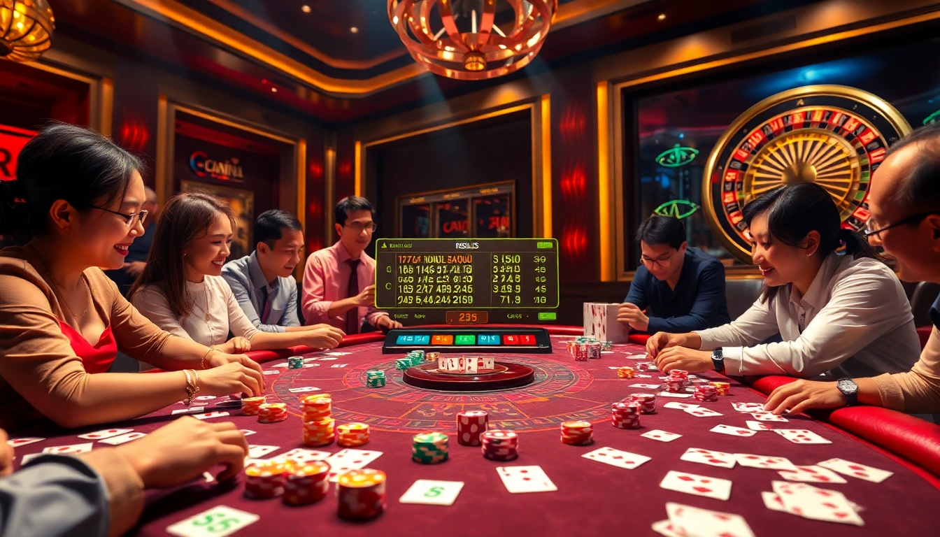 Tài xỉu MD5 gameplay at a vibrant casino table with excited players and colorful chips.