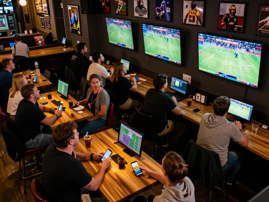 F168 patrons enjoying vibrant sports betting at a modern bar with live games and engaging atmosphere.