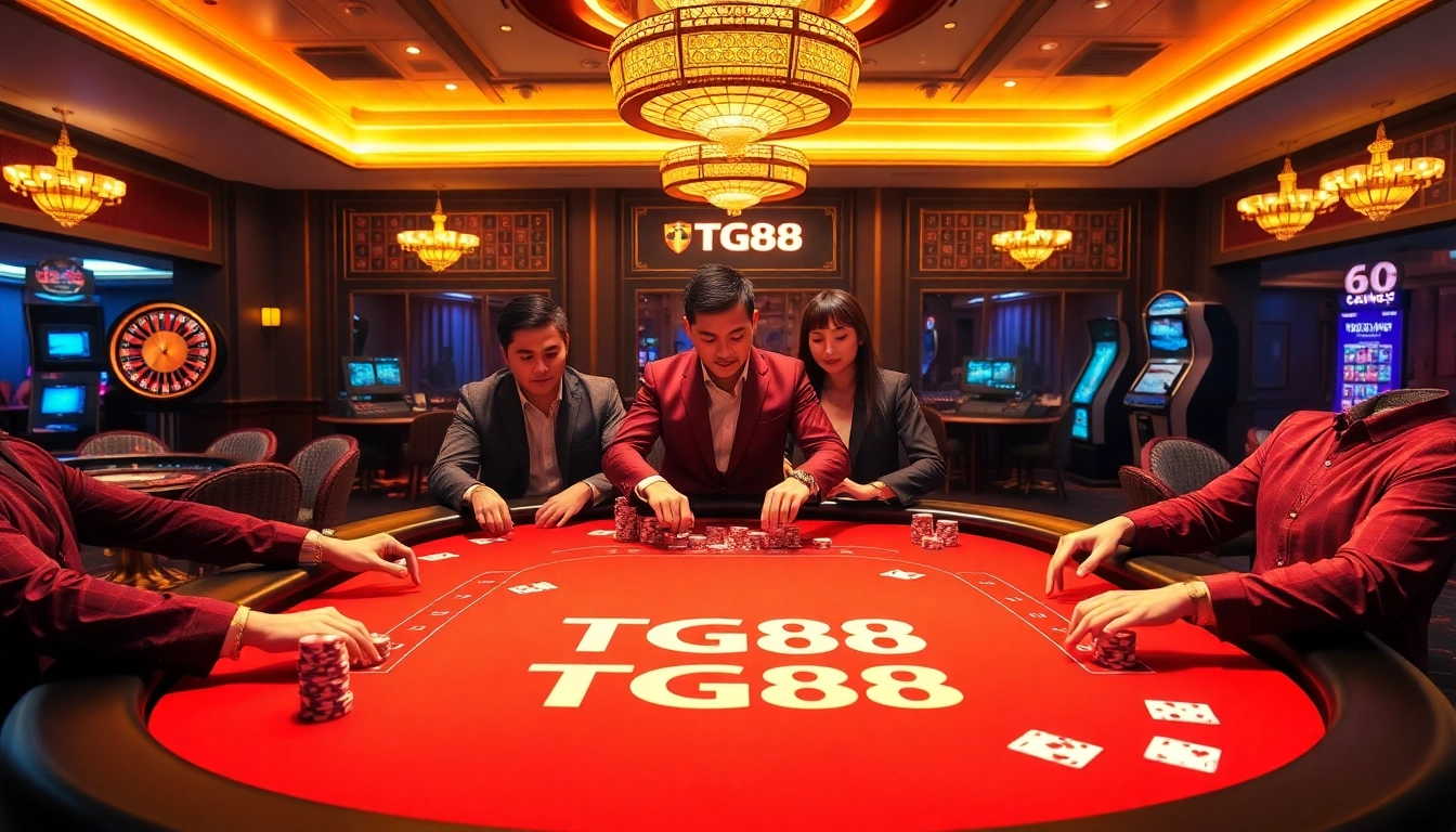 Players enjoy a high-stakes poker game at the TG88 casino table, showcasing luxury and excitement.