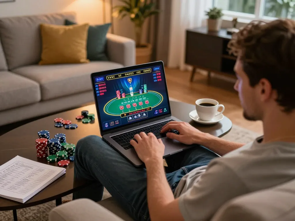 Player enjoying a live dealer blackjack game on 3win in a cozy living room