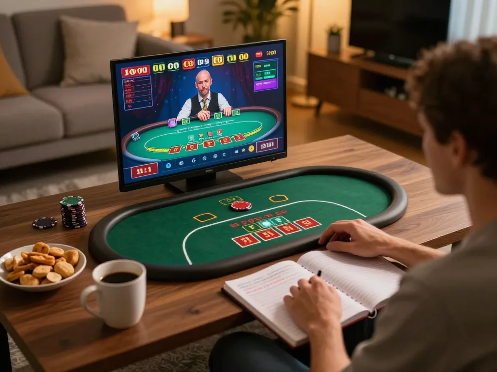 Engaging in online poker at a nhà cái uy tín with a live dealer, cozy home setup enhancing the gaming experience