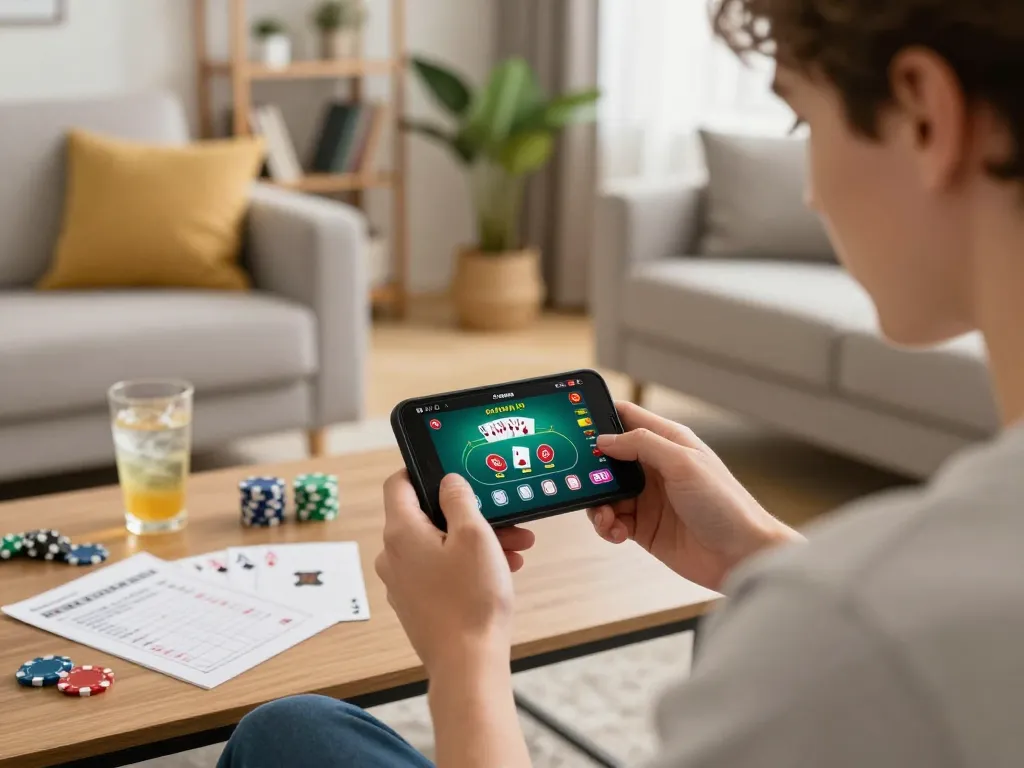 Person using casino app on smartphone for okking nhà cái gaming at home, showcasing engaging betting atmosphere.
