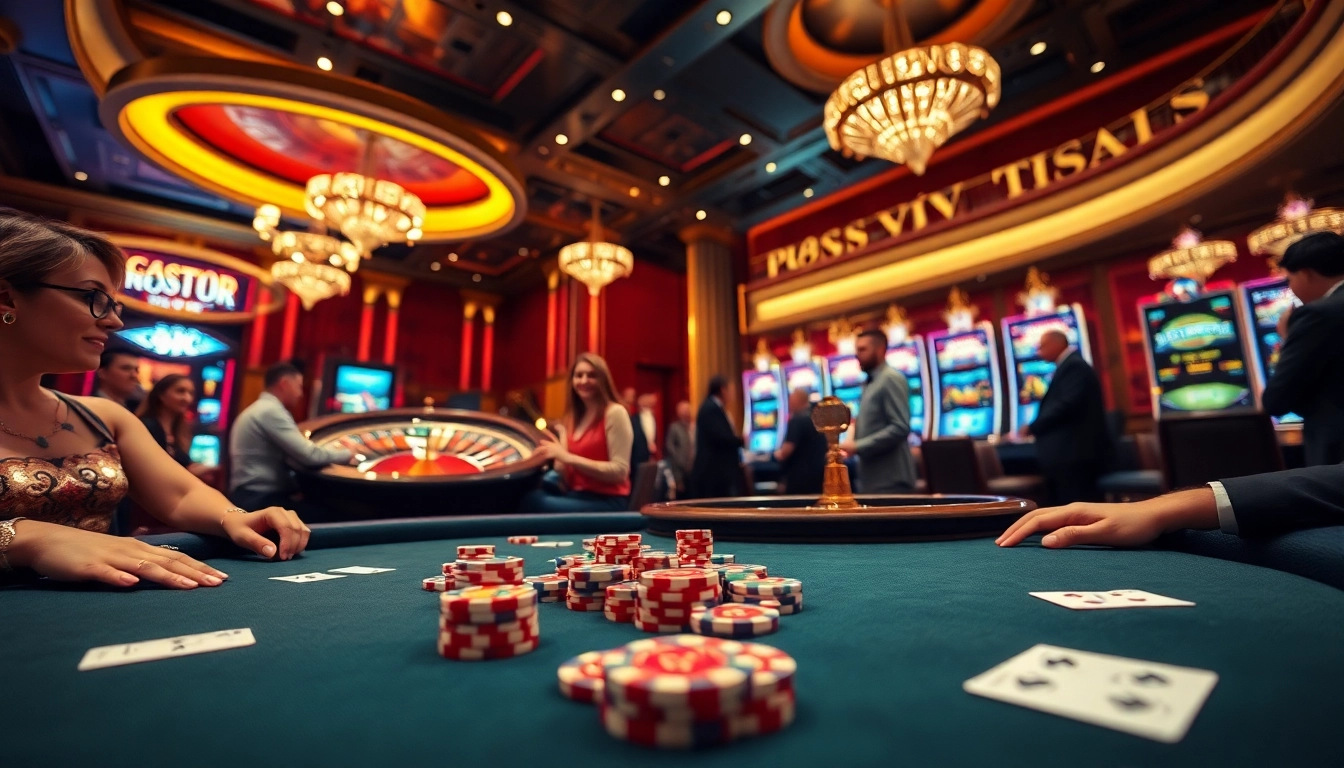 A thrilling casino scene showcasing players at 888VI poker tables with vibrant chips and cards.