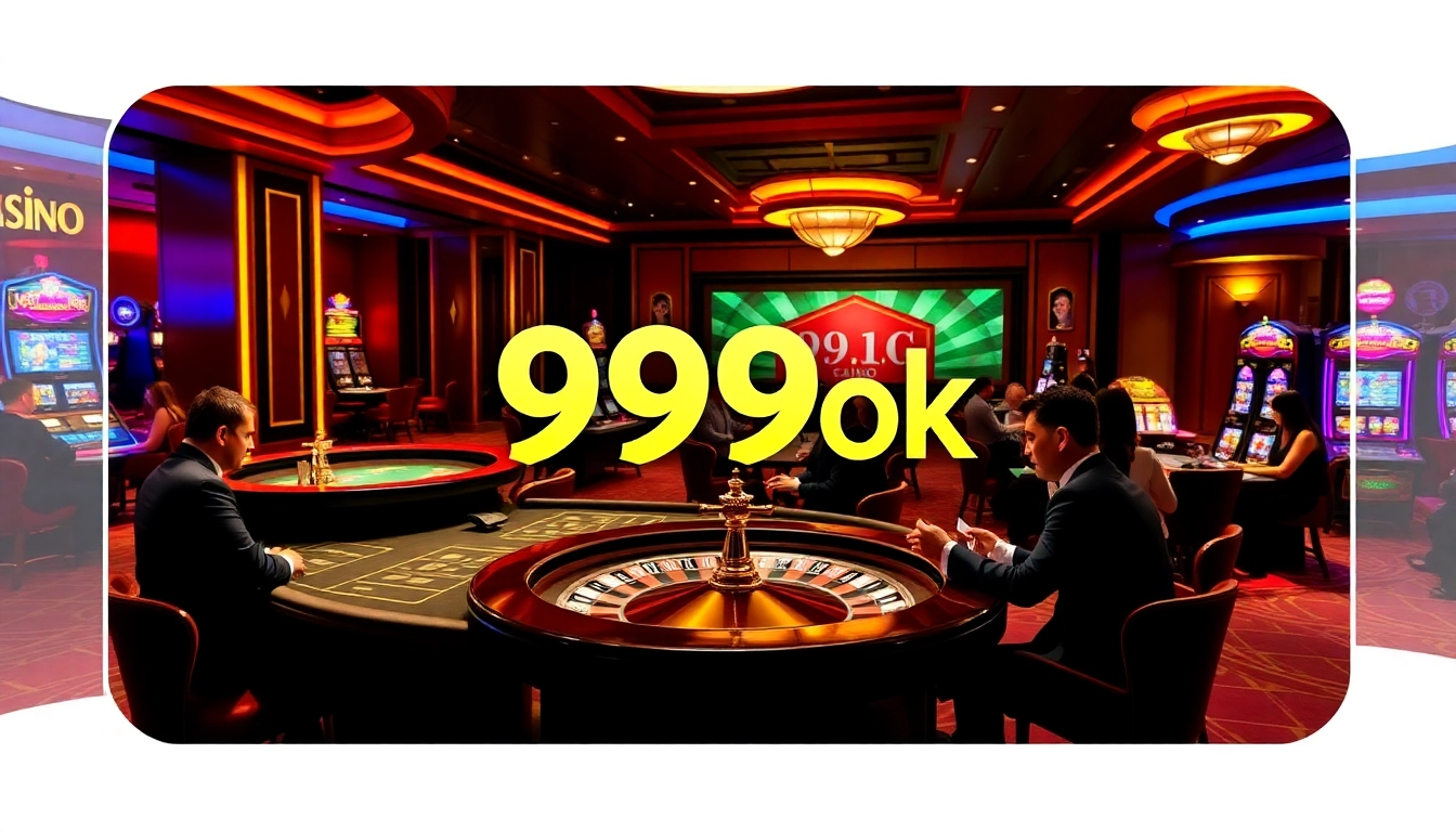 Experience the excitement of 99ok in a luxurious casino environment with players at tables.