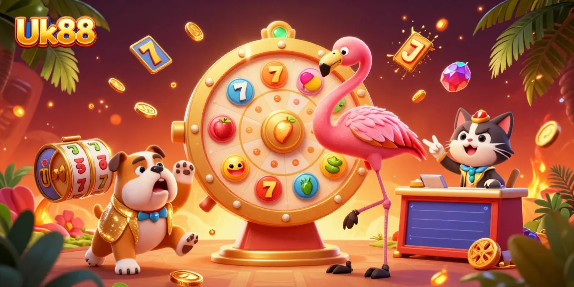 Spin the Uk88 prize wheel with vibrant casino elements and rewards in an exciting game show scene.
