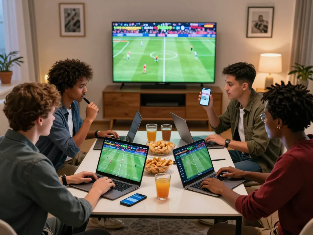 Friends enjoying a lively sports betting experience with Topbet on laptops and phones.