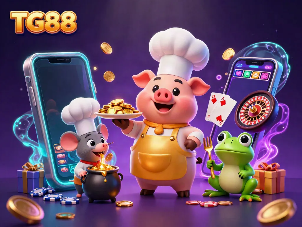 Experience thrilling gaming fun at TG88 with a chef pig serving golden coins, surrounded by vibrant casino elements.