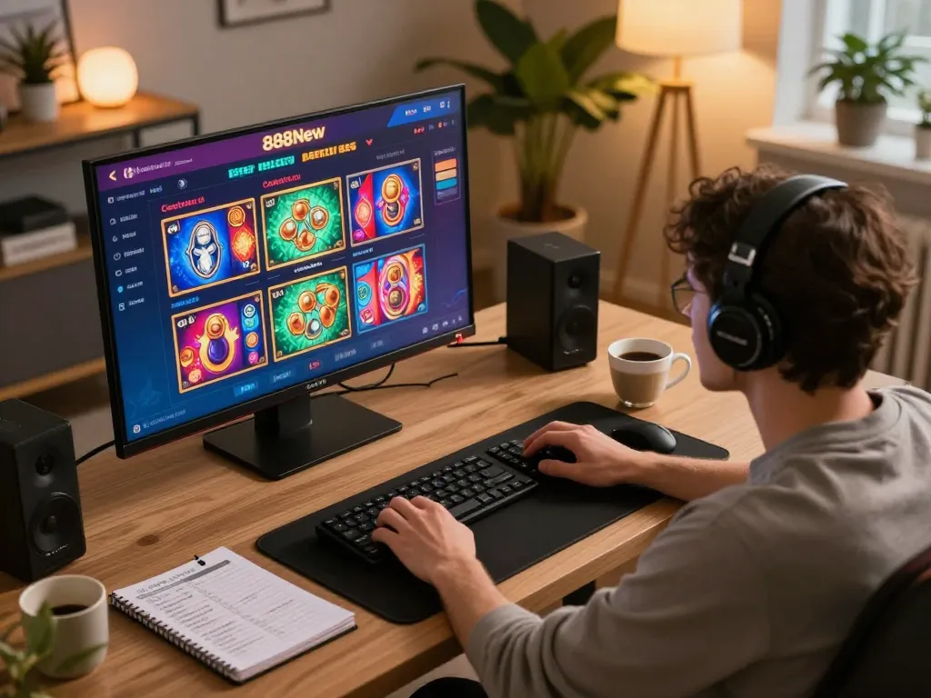 Player engaging with the 888New casino app in a cozy home gaming setup, showcasing strategic play.