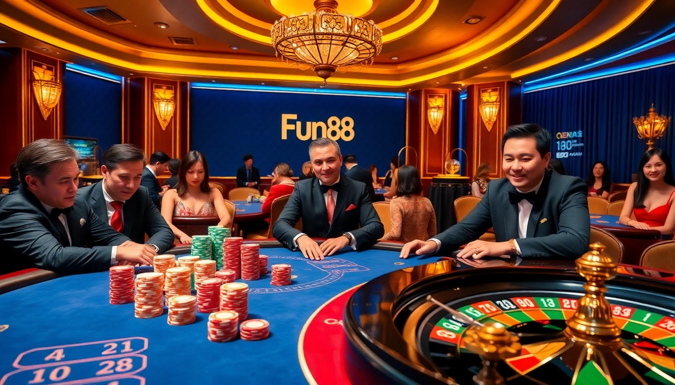 Experience the thrill of Fun88's vibrant casino scene with poker tables, roulette wheels, and players engaged in games.