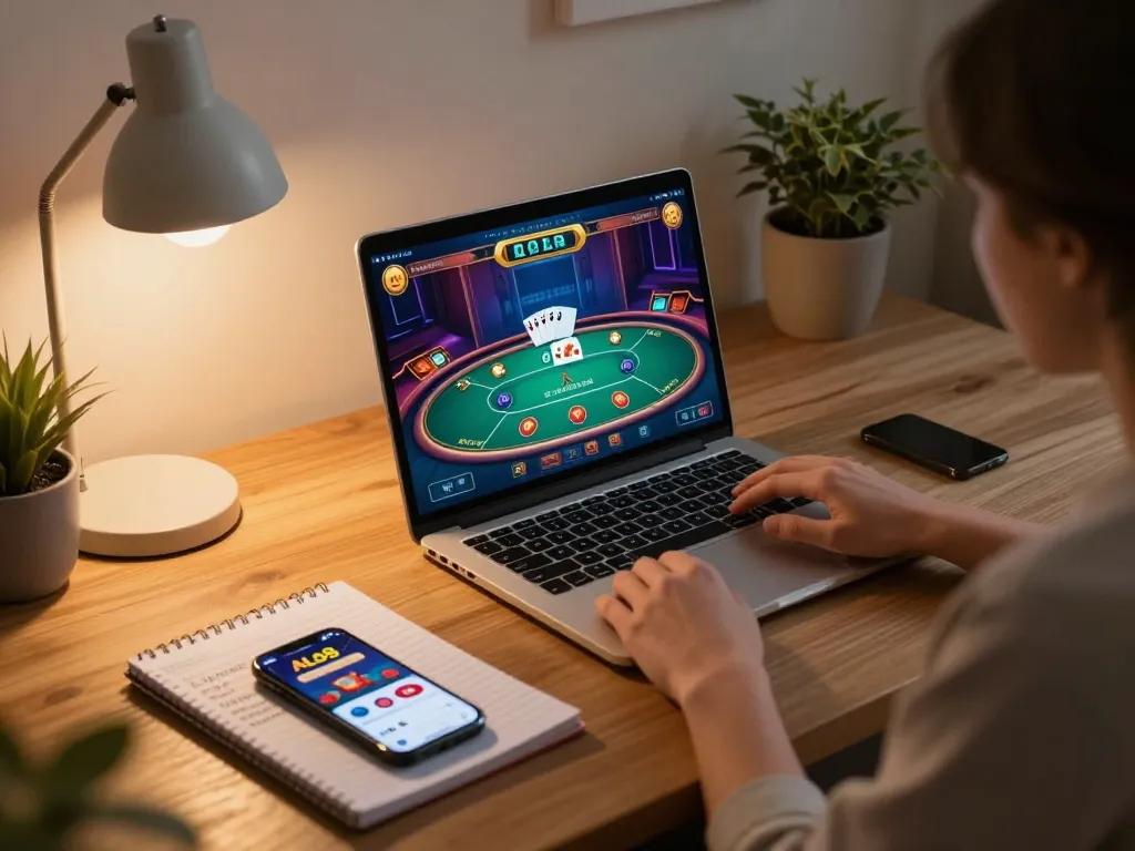 Engaged user playing poker on ALO8 app on laptop in cozy home setting