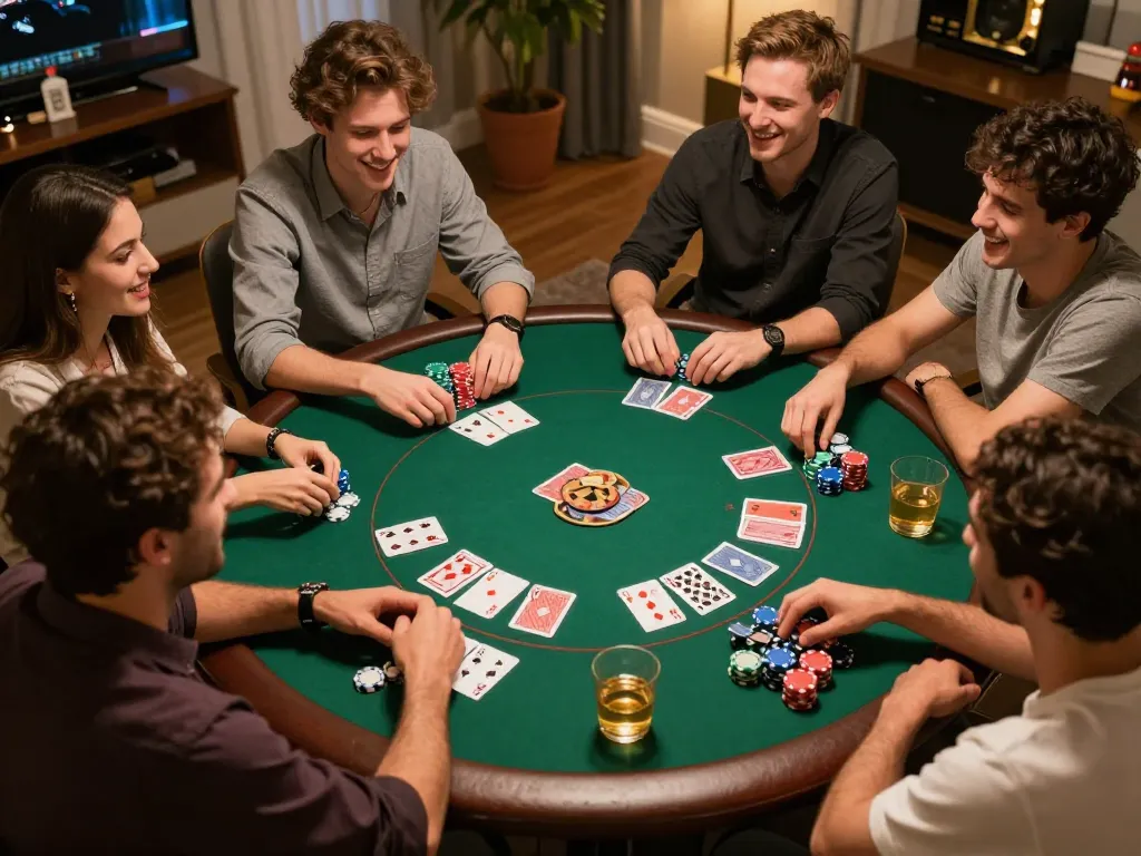 Friends enjoying a lively poker night at home, reflecting the engaging experience of go8 com gaming.