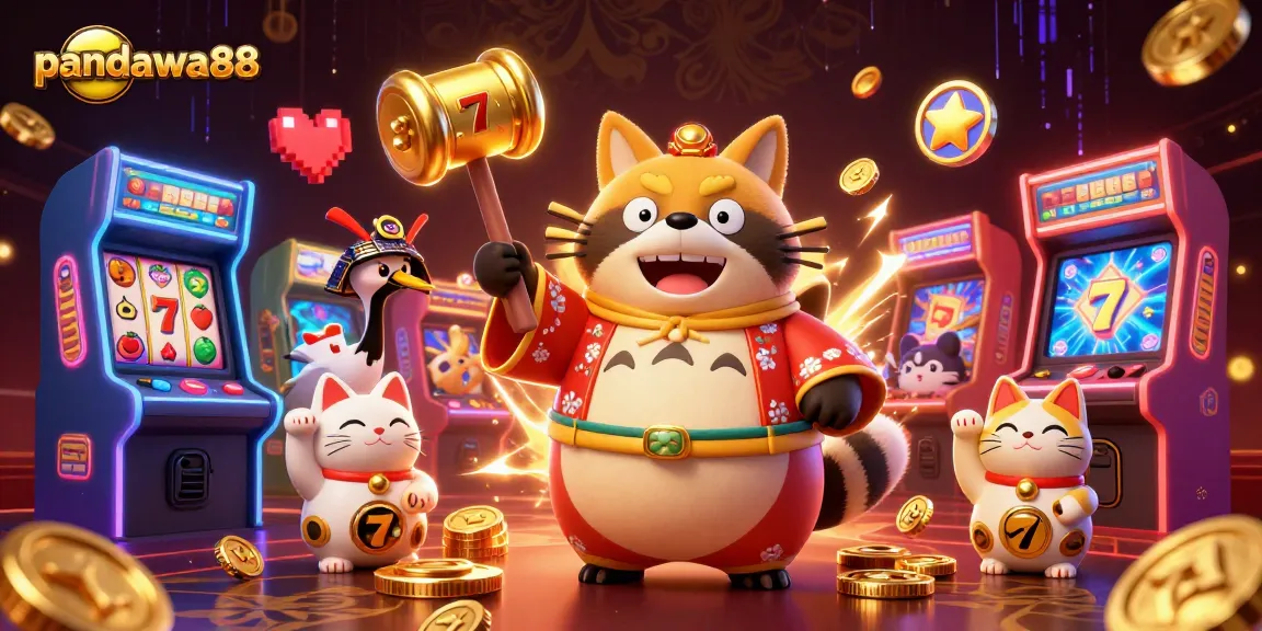 Pandawa88 showcases an exciting casino scene with a cheerful tanuki and vibrant game elements.