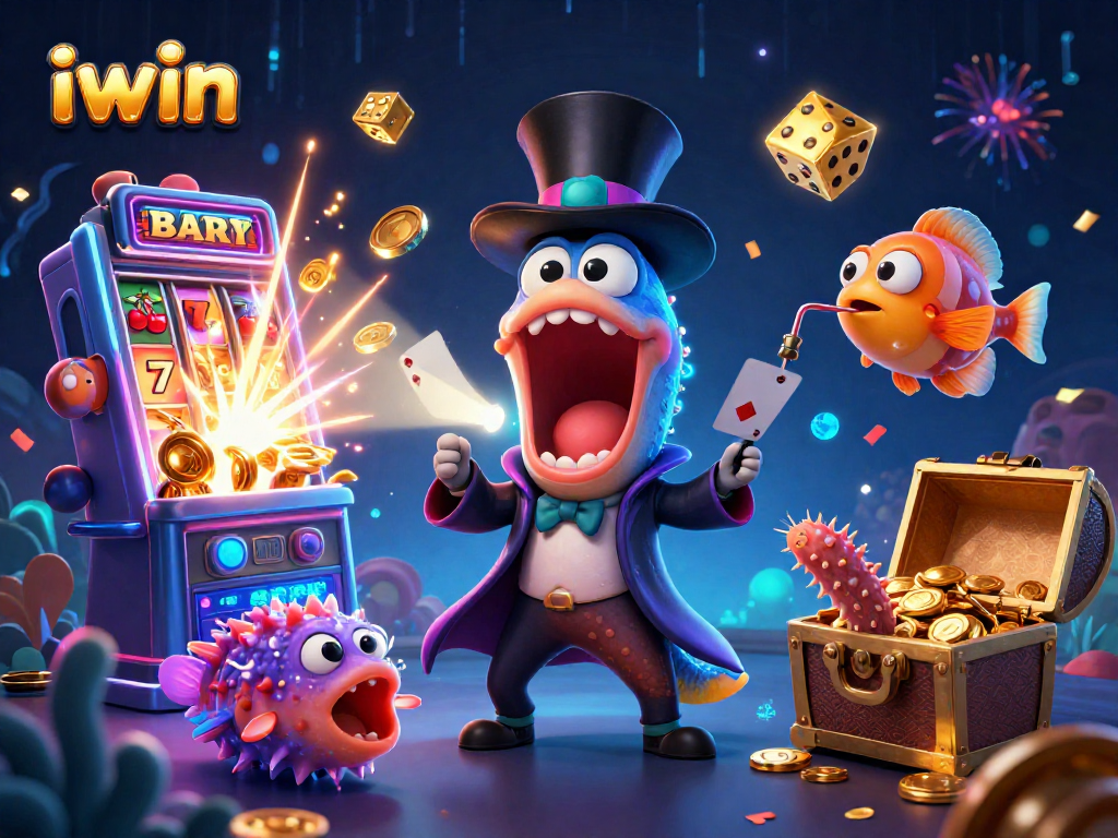 iwin casino scene showcases a gulper eel magician delighting with cards amid vibrant slot machines.