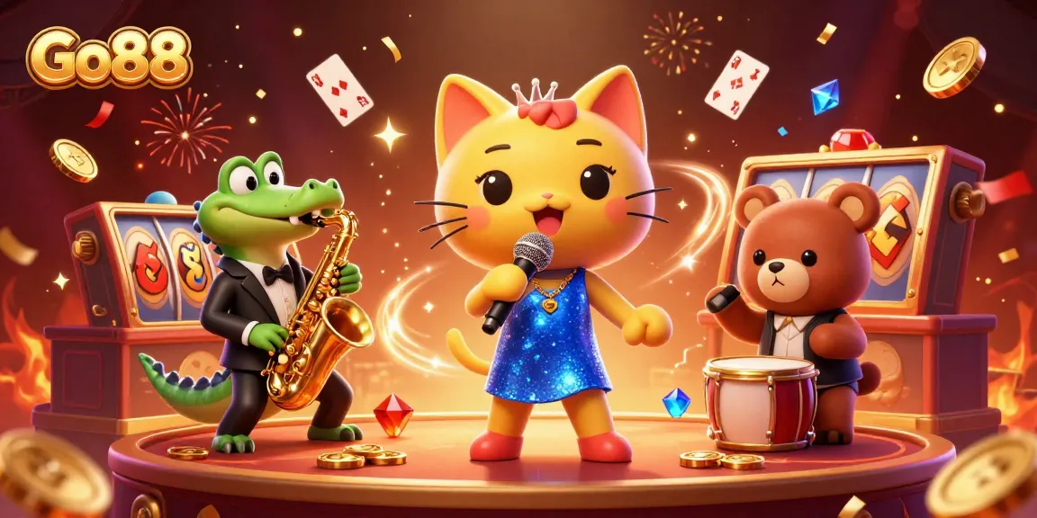 Experience thrilling gameplay at Go88 with vibrant cartoon characters and casino elements showcasing fun, excitement, and prizes.