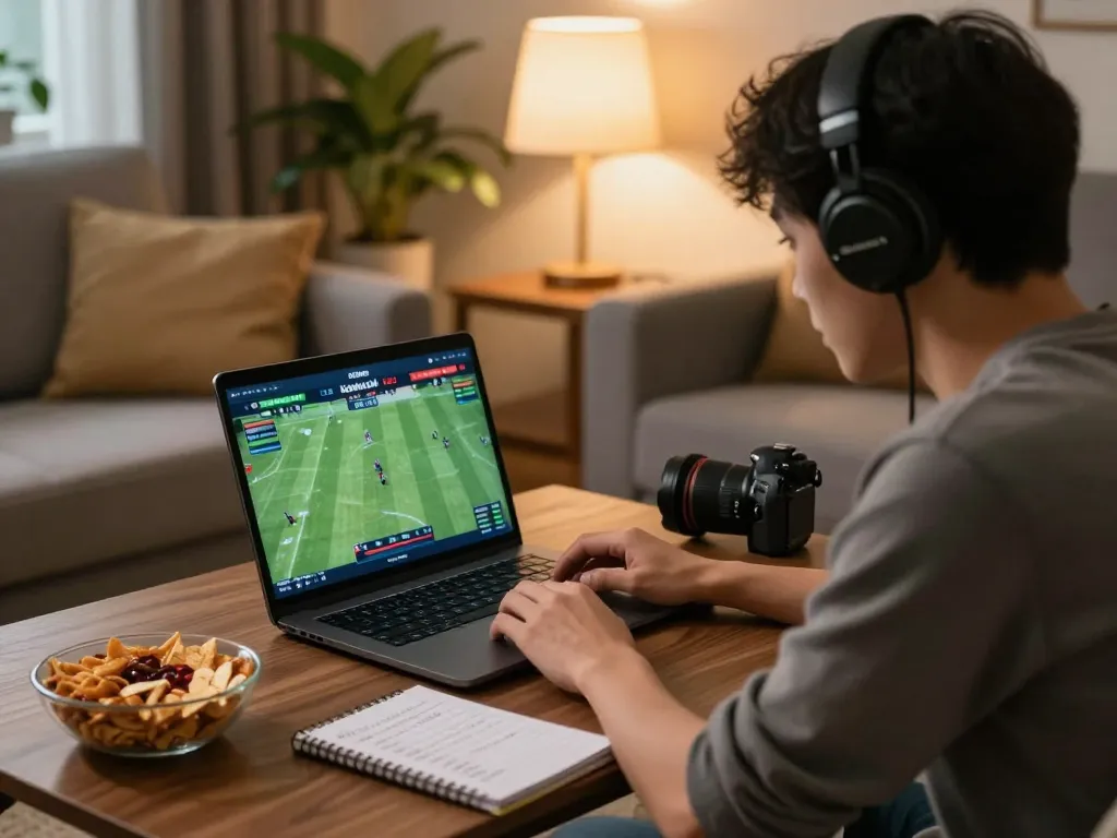 Engaged player analyzing keonhacai odds while betting online from cozy home setup.