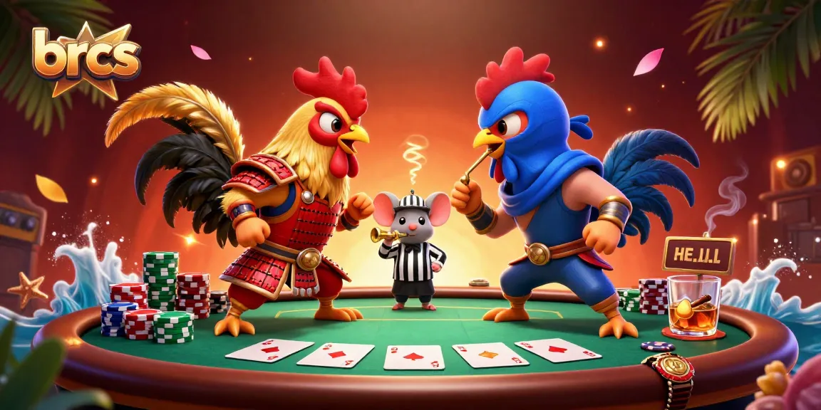 Experience thrilling gameplay at brcs with a dramatic standoff between samurai and ninja roosters at a poker table.
