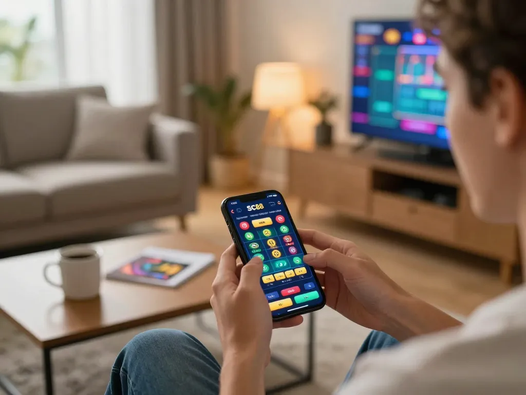 Engaging with SC88 casino features on a smartphone in a cozy home setting