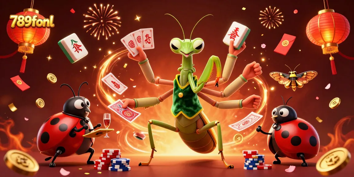 Engage with 789fonl through a vibrant casino scene featuring a giant praying mantis card sharp, ladybug pit boss, and dynamic game elements.