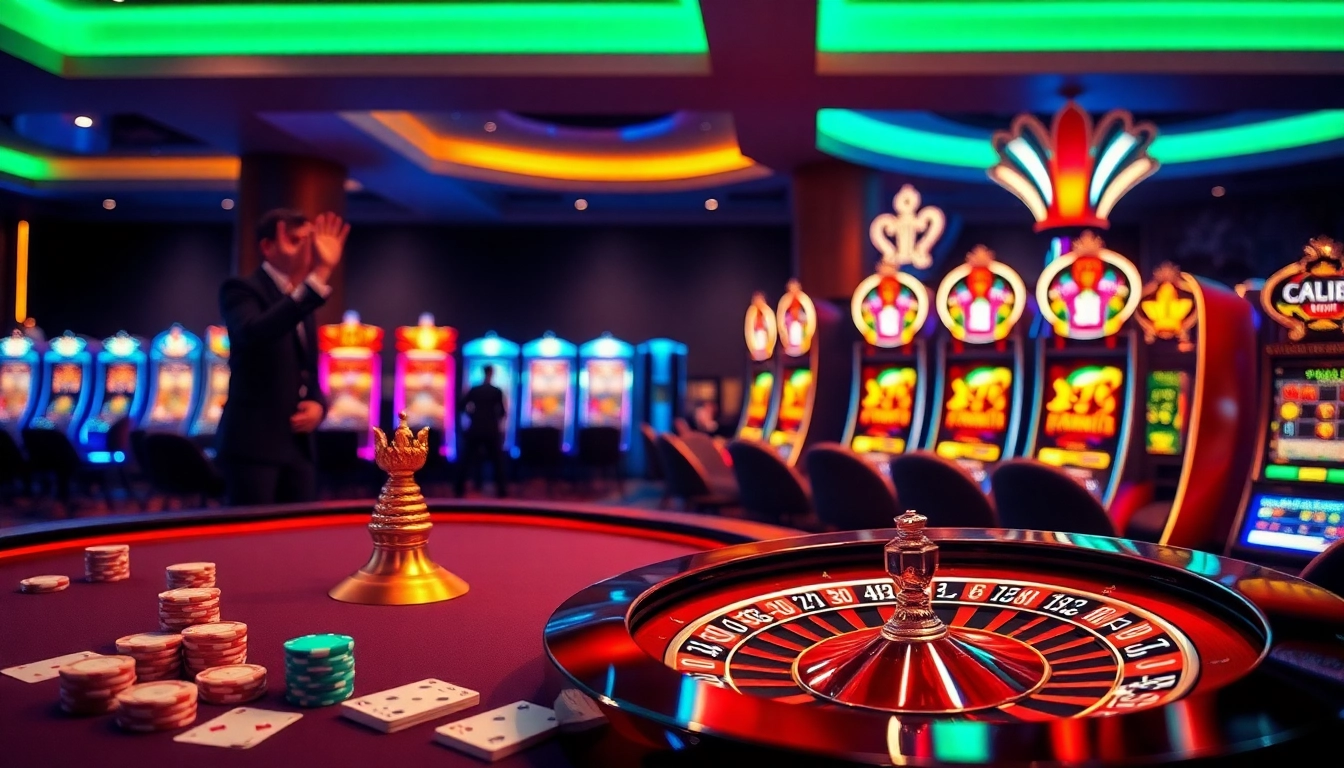 Exciting gaming action at Nhà Cái SC88 featuring roulette, poker chips, and vibrant slot machines.
