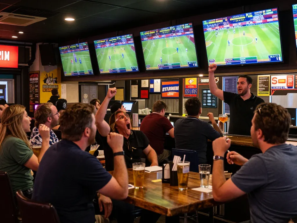 Engaged patrons placing bets in a lively sports bar, showcasing 7mcn's excitement for sports betting