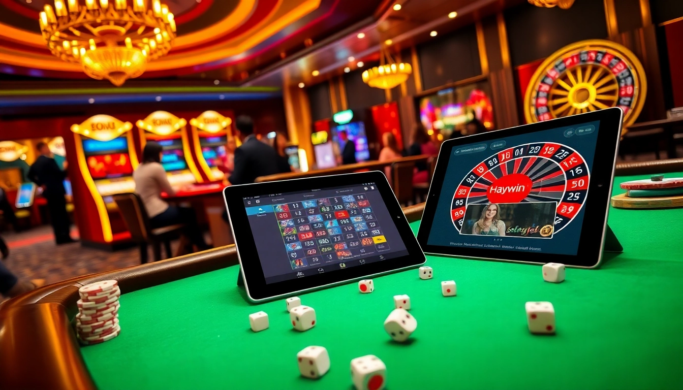 Players enjoying a lively game at Haywin casino with colorful slot machines and vibrant poker tables.